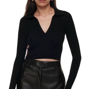 Aritzia Babaton Black Sculpt Knit Cropped Polo Top XXS